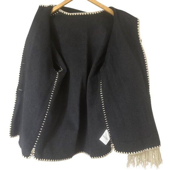 Embroidered Scarf Jacket Dark Grey Wool Size 0 Crochet Fringe Oversized Boho - Picture 5 of 9